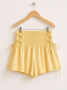 Rays For Days Summer Yellow And White Smocked Gingham Lace Up Tie Side Shorts